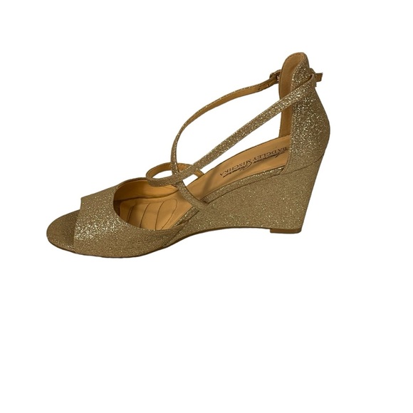 American Glamour Badgley Mischka Gold Glitter Dressy Strappy Wedge Sandals Sz 7 - Picture 4 of 14